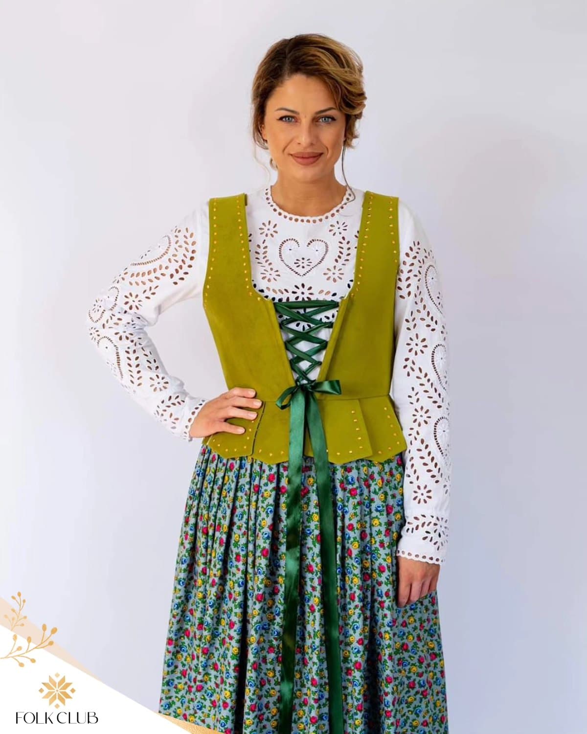 Gorset podhalański welurowy — oliwkowy, zdobiony cyrkoniami