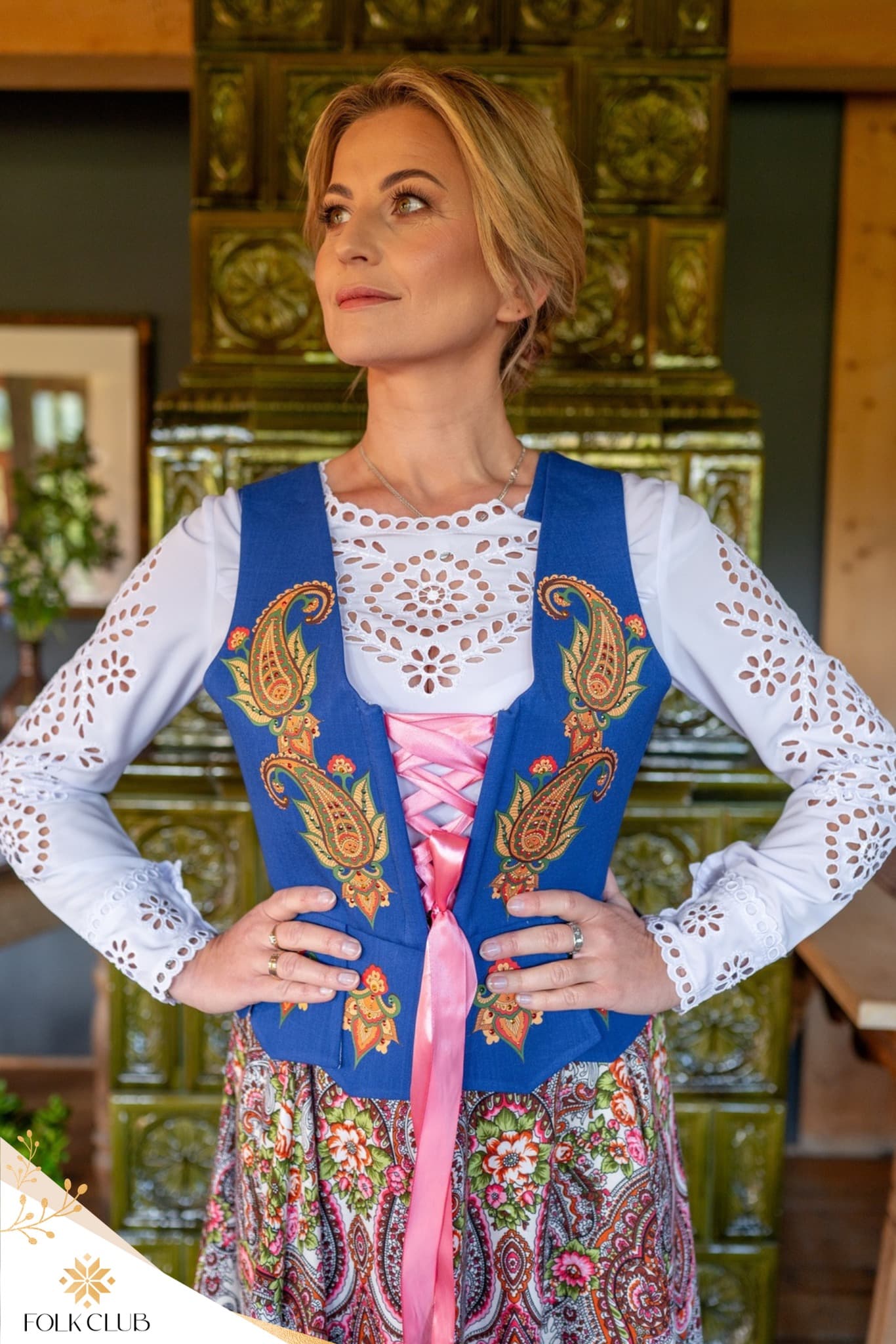 Gorset podhalański z tkaniny zara — szafirowy, nadruk paisley