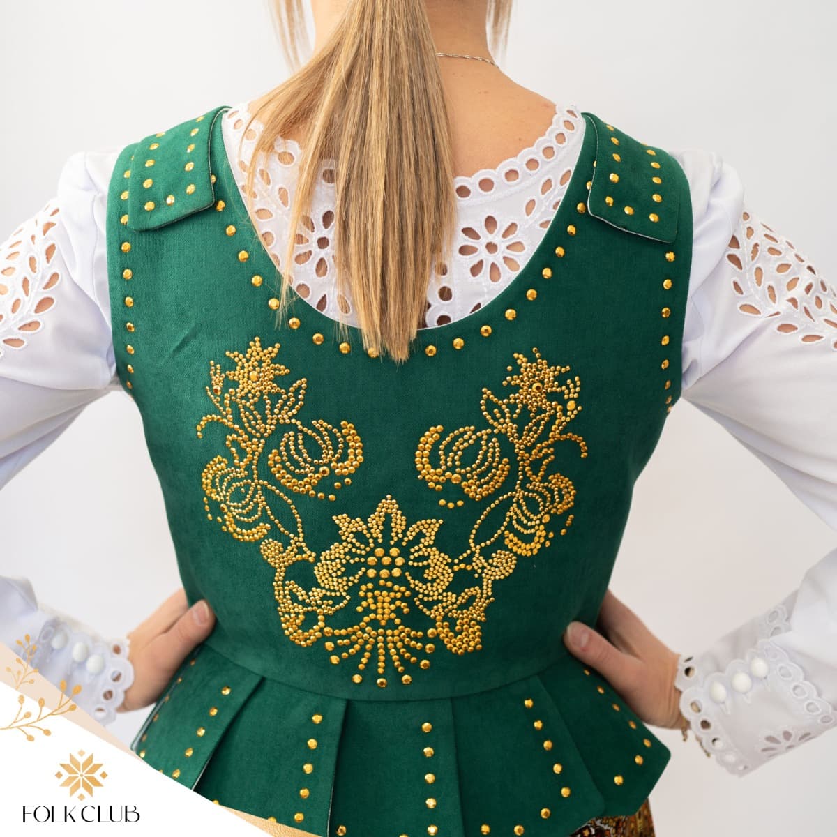 Gorset podhalański welurowy — butelkowa zieleń, złote cyrkonie