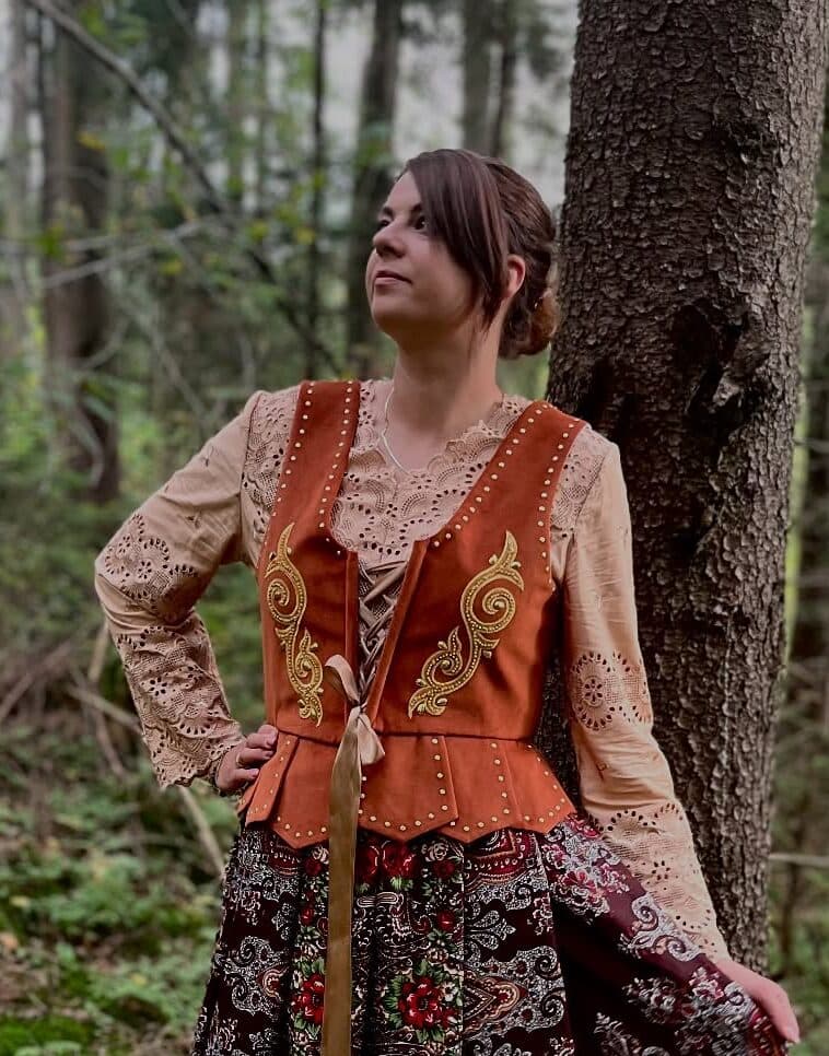 Gorset welurowy — brązowy/rudy, haft paisley z cyrkoniami