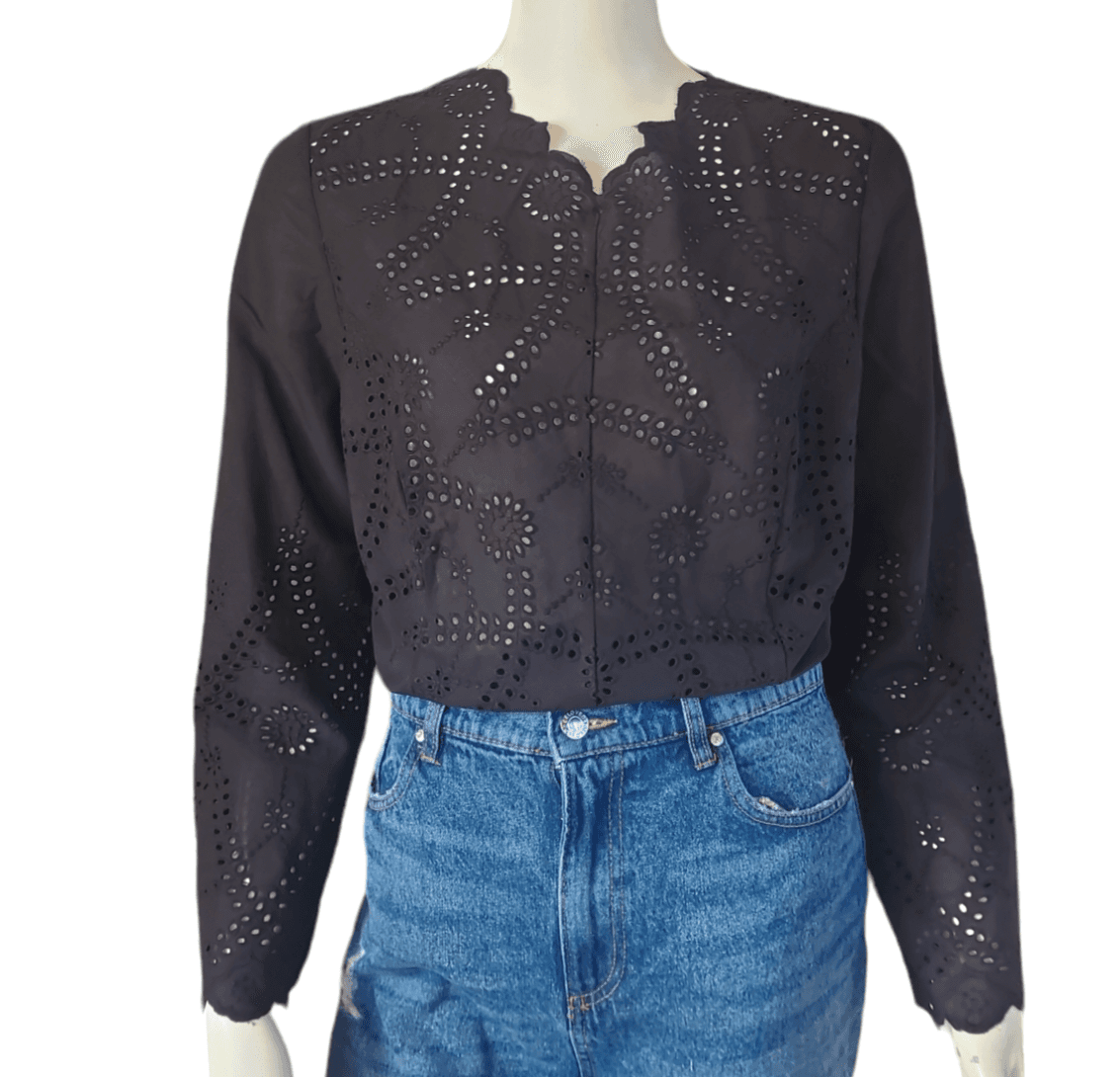 Koszula bawełniana — czarna, haft ażurowy