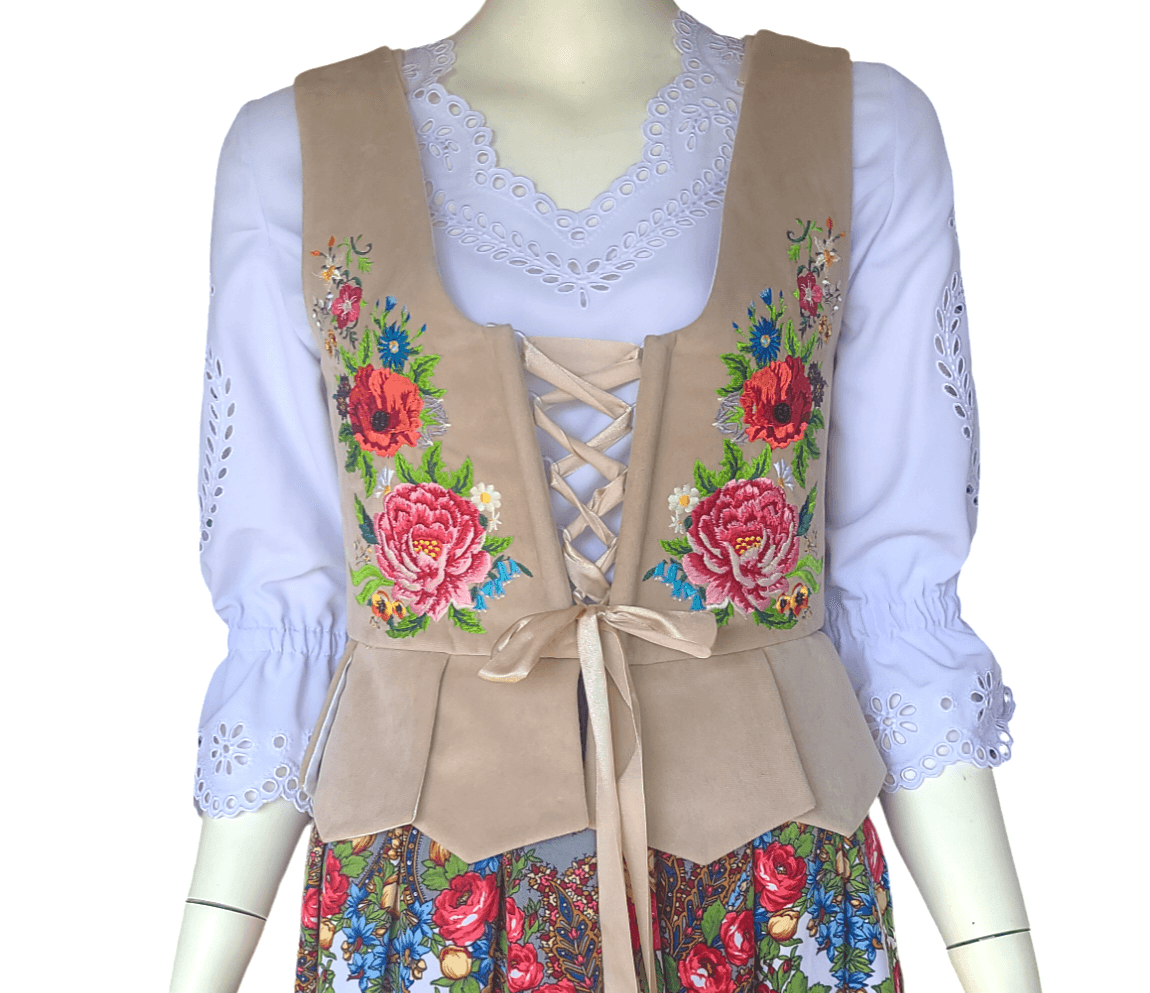 Gorset podhalański welurowy — beżowy, haft w piwonie