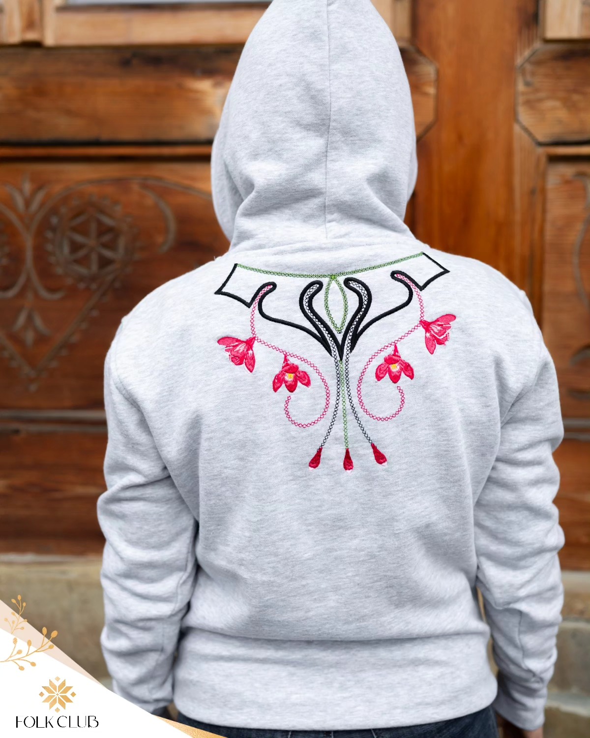Bluza z kapturem — szara, haft secesyjny z kwiatami