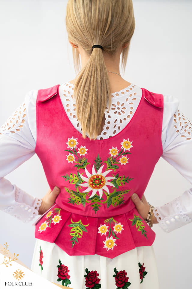 Gorset podhalański welurowy — ciemny róż, haft dziewięćsił z cyrkoniami