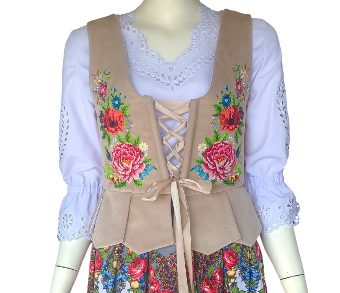 Gorset podhalański welurowy — beżowy, haft w piwonie